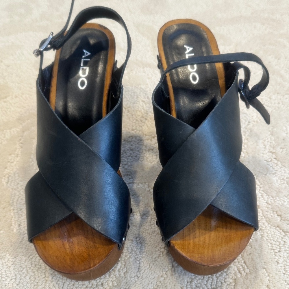 Aldo Black Leather (Size 6.5) Wedge Platform Sandals With Silver Metal Studs